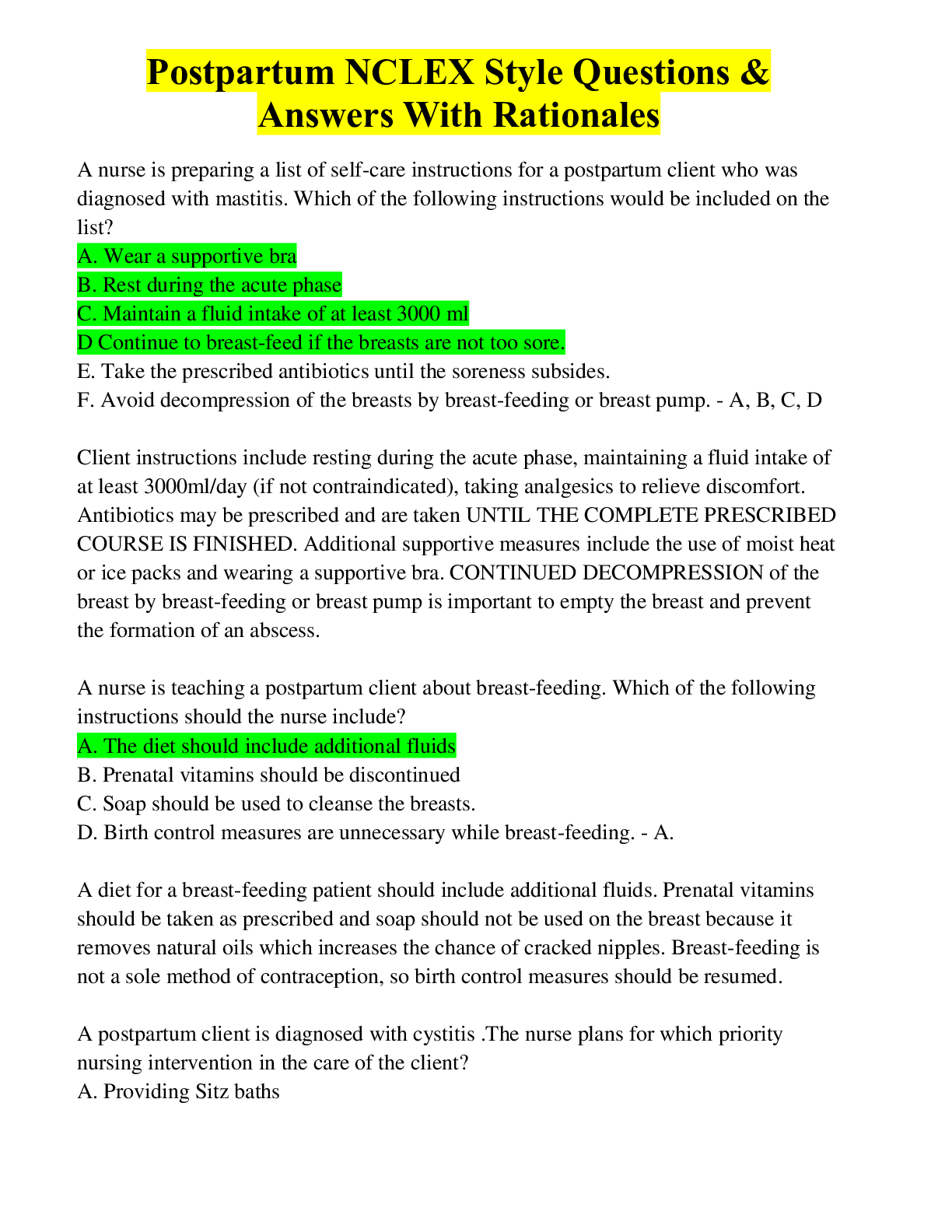 Preview of Postpartum NCLEX Style Questions & Answers With Rationales